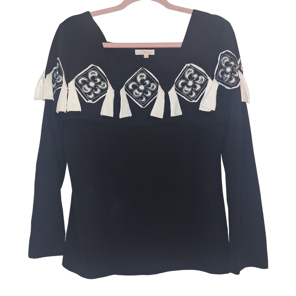Way‎ Black Square Neck Long Sleeve Embellished Tassel Top Shirt Women's Size 12